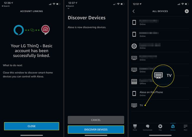 Sulje ja löydä laitteita -painikkeet ja televisio Alexa-sovelluksen laiteluettelossa
