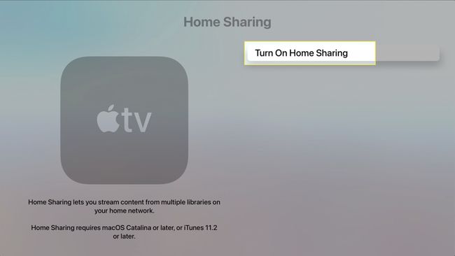 Apple TV Home Sharing -näyttö, jossa korostetaan "Ota kotijako käyttöön"