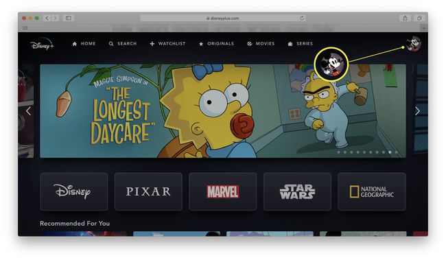 Disney+ verkkoselaimessa profiilikuvake korostettuna
