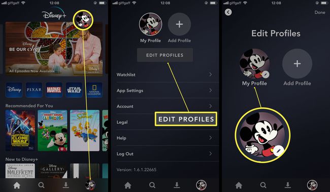 Disney+ -sovellus, jossa profiilin asetusten muokkaamisen vaiheet korostettuina