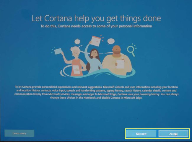 Cortana-näyttö Microsoft Windows 10:n asennuksen aikana.