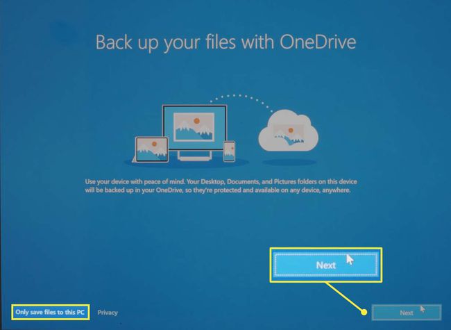 OneDrive-näyttö Microsoft Windows 10:n asennuksen aikana.