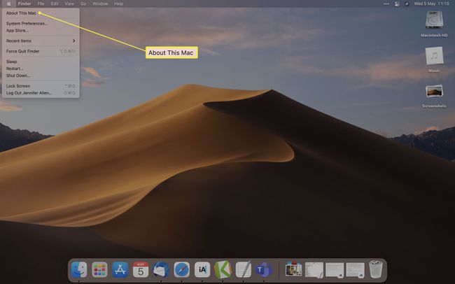 MacOS-työpöytä, jossa Tietoja tästä Macista on korostettuna 