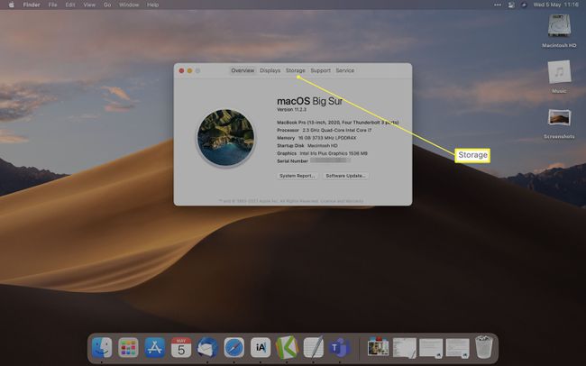 MacOS-työpöytä, jossa on Tallennustila-merkintä kohdassa Tietoja tästä Macista