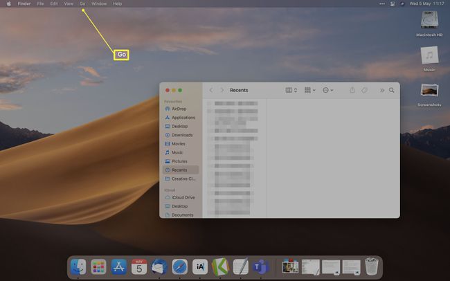 MacOS Finder, jossa Go-painike on korostettuna