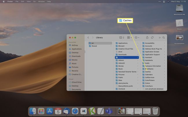 MacOS Finder, jossa välimuistikansio korostettuna