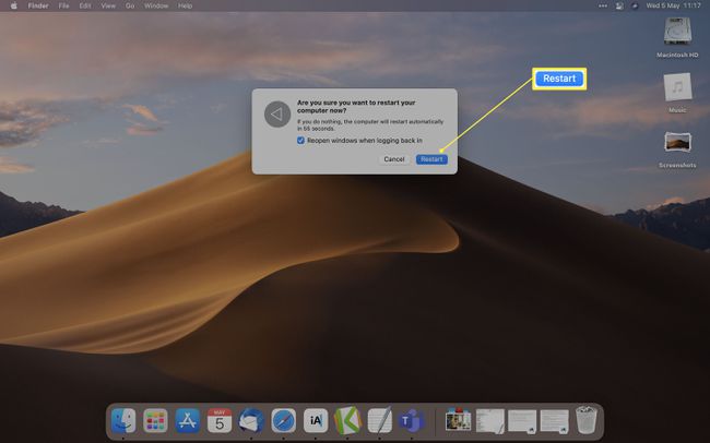 MacOS-työpöytä, jossa Restart on korostettu Käynnistä-valintaikkunassa