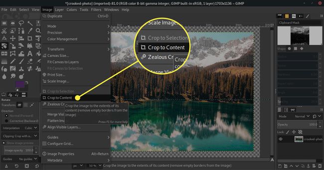 Kuvakaappaus GIMPistä, jossa Rajaa sisältöön -komento korostettuna