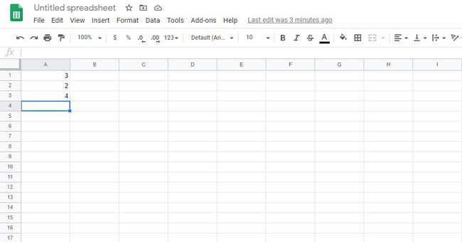 A4 valittu Google Sheets -laskentataulukosta