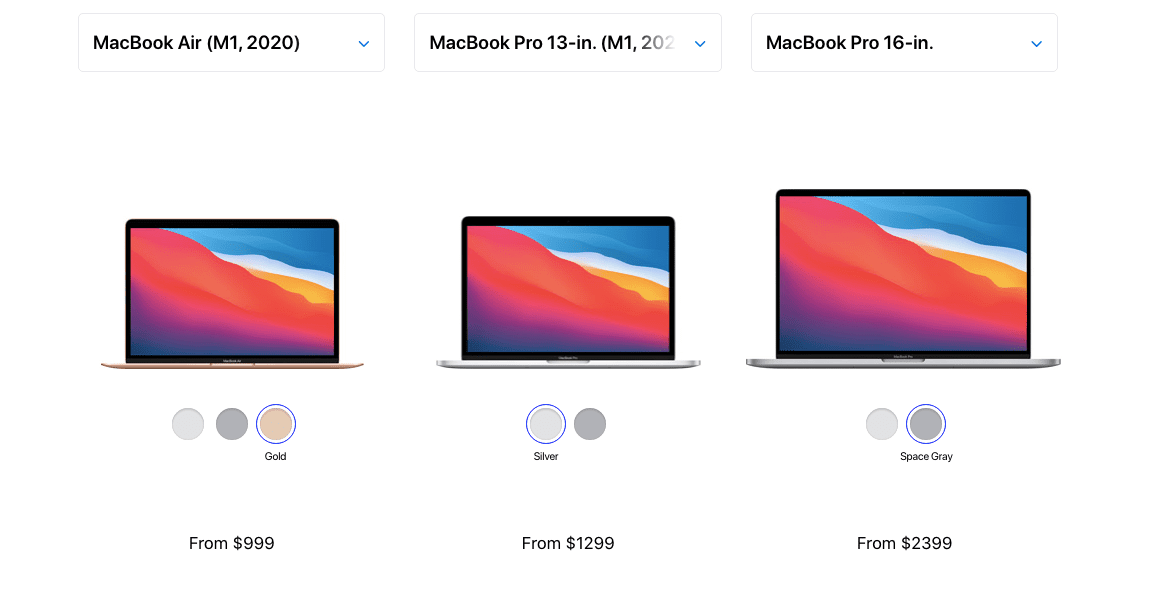 M1 MacBook Air, M1 MacBook Pro ja 16 tuuman MacBook Pro vierekkäin Applen verkkosivuilla