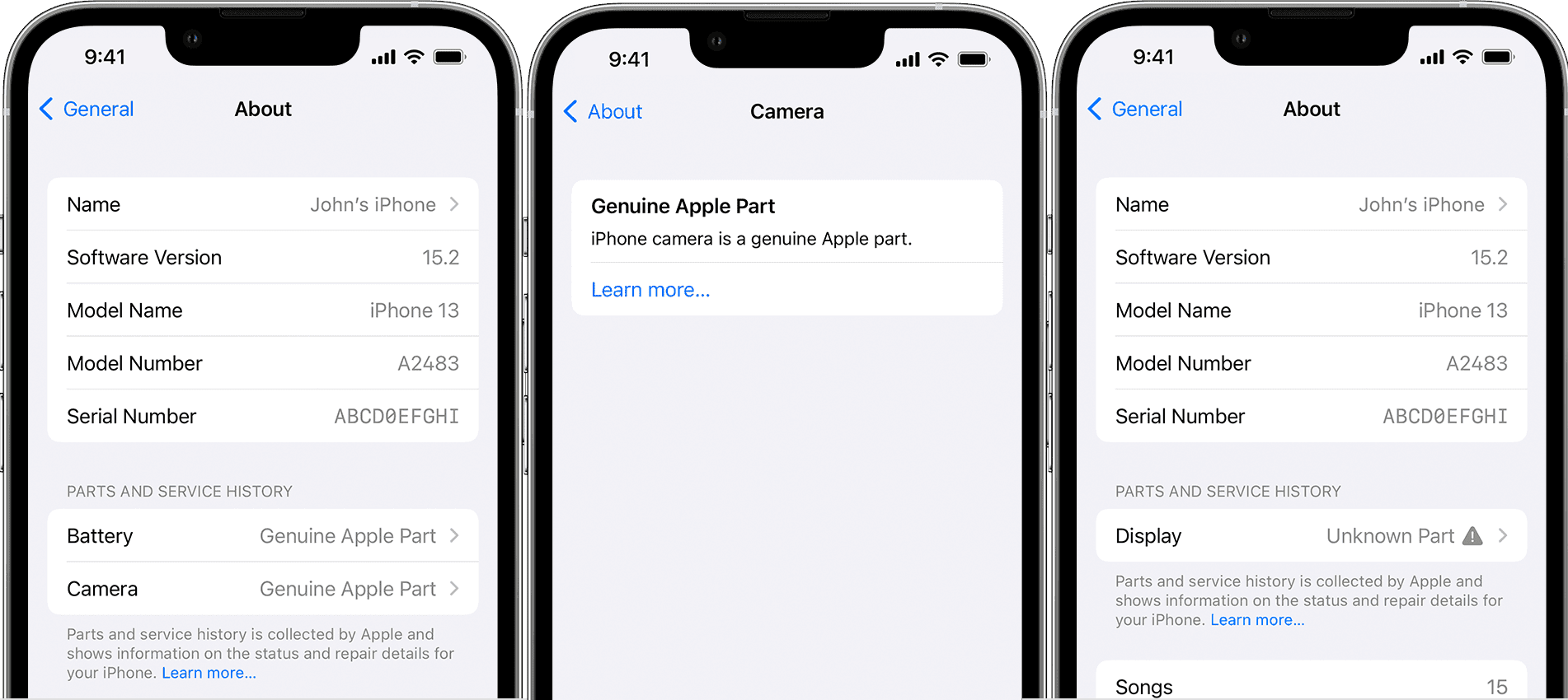 iOS 15.2 Osat ja huoltohistoria