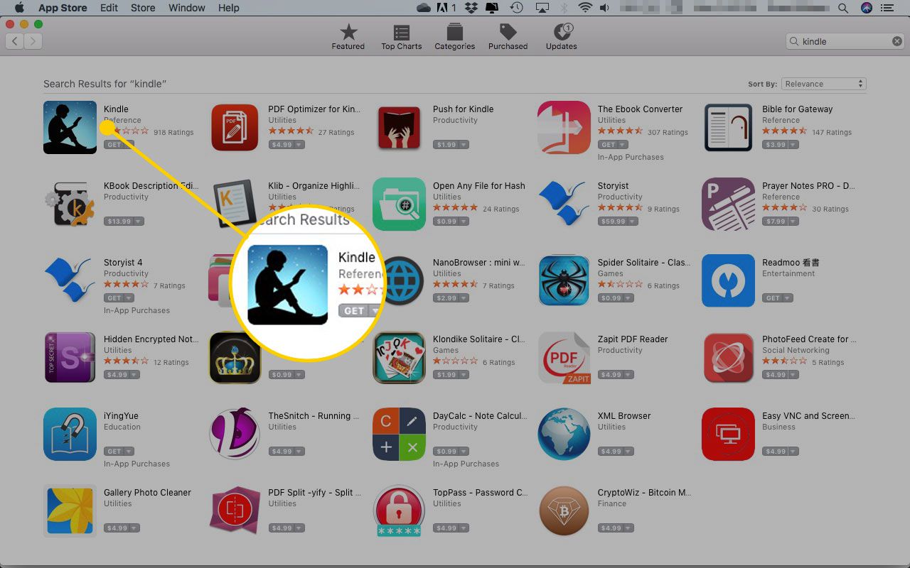 Mac App Store, jossa Kindle-sovellus on korostettuna