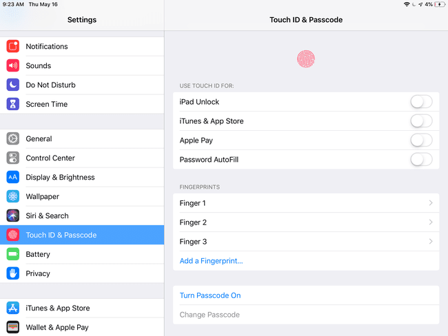 Touch ID ja pääsykoodinäyttö iPadissa