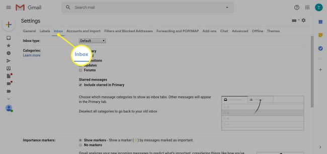 Gmail-asetukset Inbox-välilehden ollessa korostettuna
