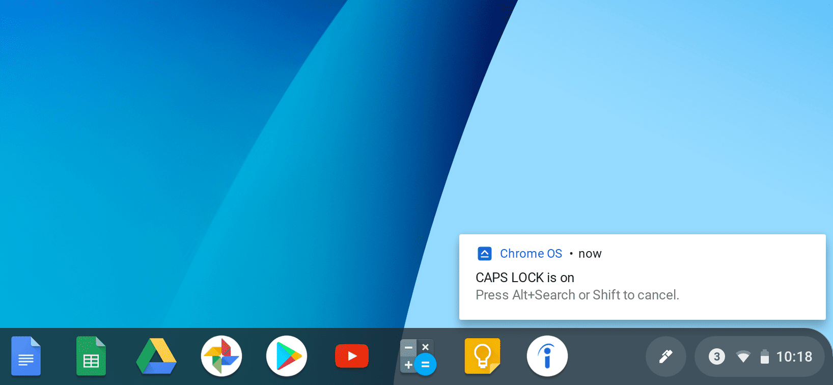 Caps Lock -ponnahdusilmoitus Chromebookissa