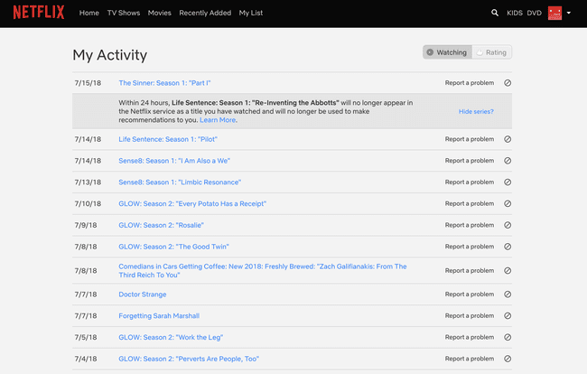Kuvakaappaus Netflix-tilisivun toimintanäytöstä.