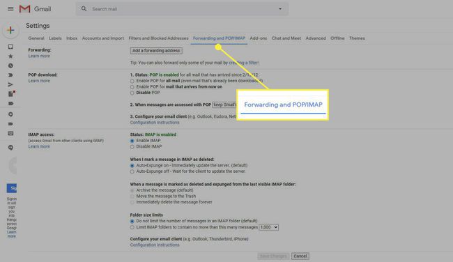 Edelleenlähetys ja POP/IMAP -välilehti Gmailin asetuksissa