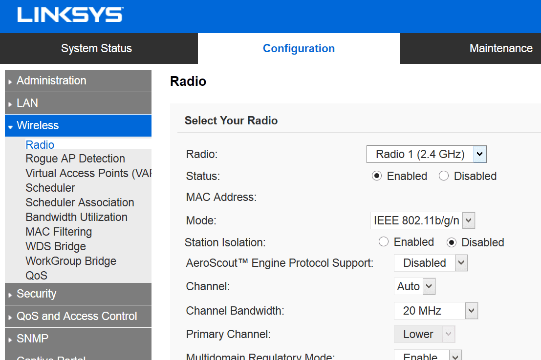 Kuvakaappaus radioasetuksista Linksys-reitittimessä