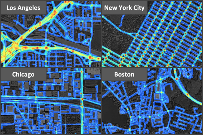 Los Angelesin, New Yorkin, Chicagon ja Bostonin törmäyskartat.