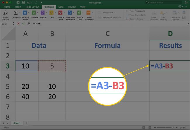 Kaava =A3-B3 korostettuna Excel for Mac -kuvakaappauksessa