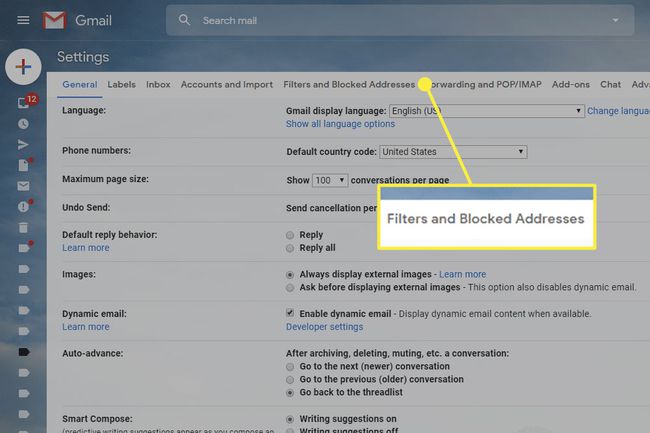 Kuvakaappaus Gmail-asetuksista, jossa on otsikko Suodattimet ja estetyt osoitteet korostettuina