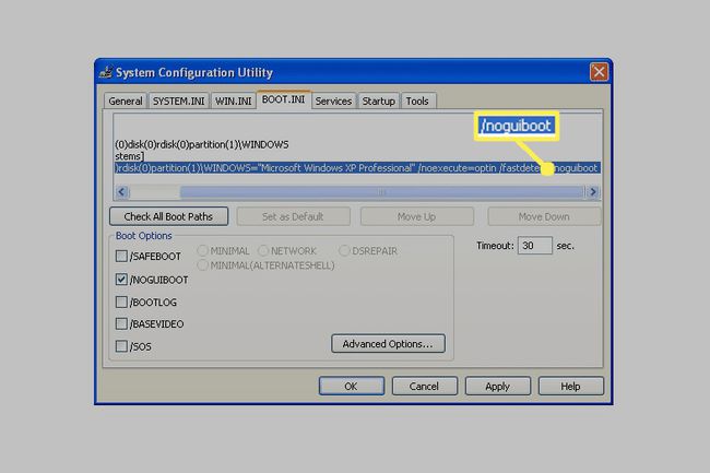 Järjestelmän määritysapuohjelma Windows XP:ssä, jossa NOGUBOOT-vaihtoehto on käytössä