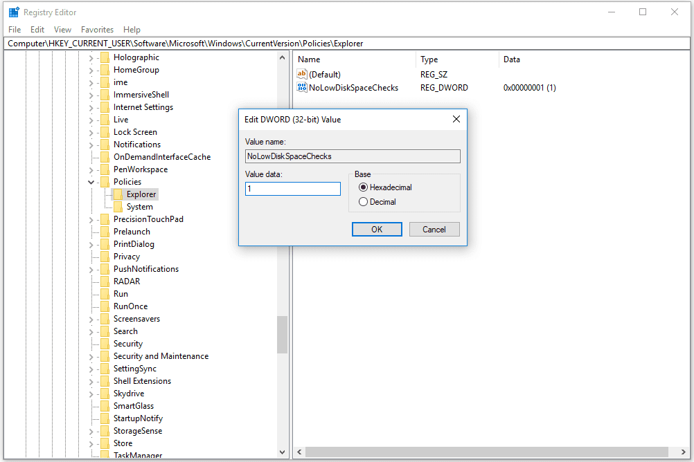 nolowdiskspacechecks regedit windows 10 5a7774b4fa6bcc00376108ca