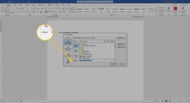 Lisää hyperlinkki-ikkuna Wordiin osoitekenttä korostettuna