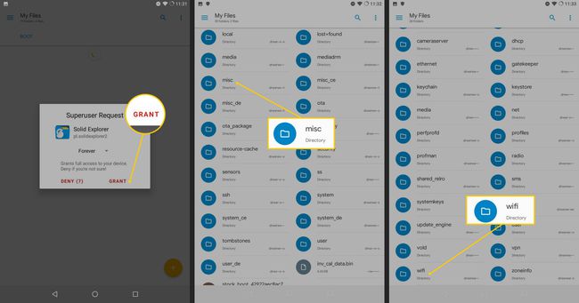 Myönnä käyttöoikeudet, misc-kansio, wifi-kansio Androidissa