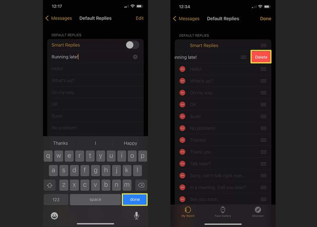 Muokkaa ja poista valmiita vastauksia iPhonen Apple Watch -sovelluksesta.