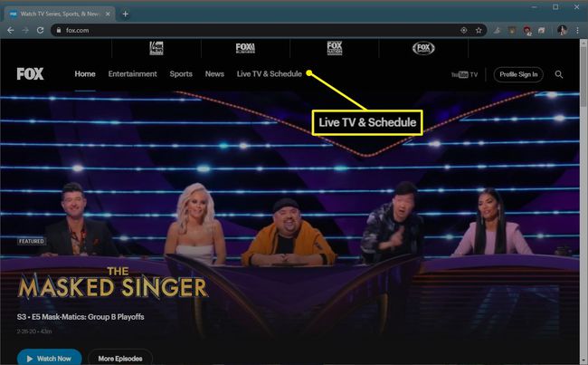 Fox.com, jossa Live TV ja aikataulu korostettuina