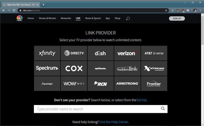 Kuvakaappaus NBC.com-palveluntarjoajan valintavalikosta.
