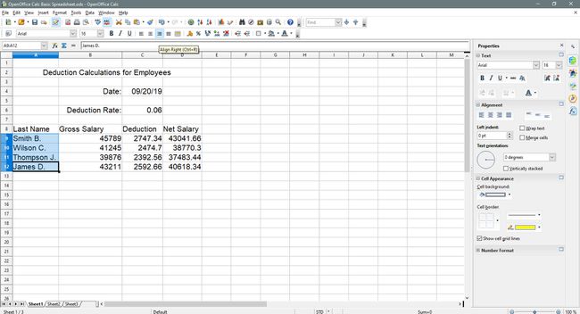 Nimet tasataan suoraan OpenOffice Calcissa.