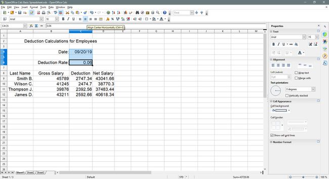 Kohdista solut vaakasuoraan keskelle OpenOffice Calcissa.