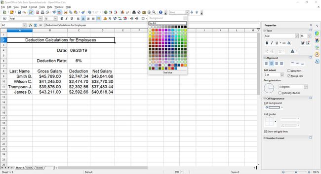 Aseta laskentataulukon otsikko taivaansiniselle taustalle OpenOffice Calcissa.