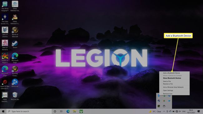 Lenovon työpöytänäyttö, jossa Bluetooth-valikko on auki ja Lisää Bluetooth-laite korostettuna