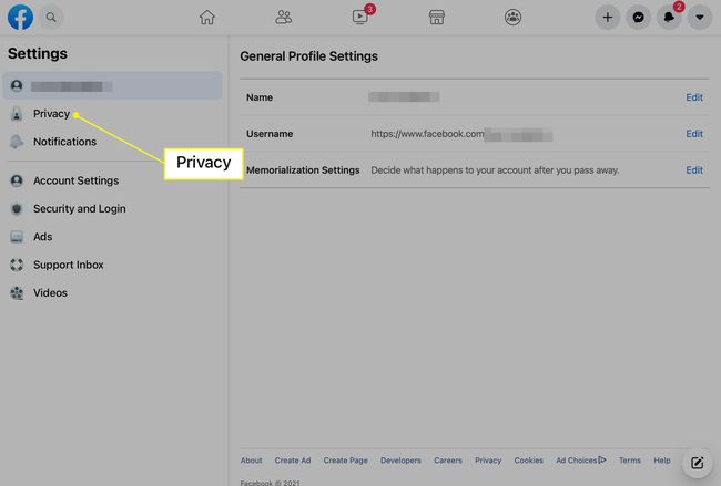 Facebook-sivusto, jossa Yksityisyys on valittuna Asetukset-sivupalkissa