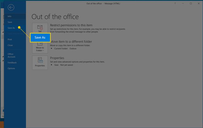 Tallenna nimellä -vaihtoehto Outlookin tiedostovalintaikkunassa