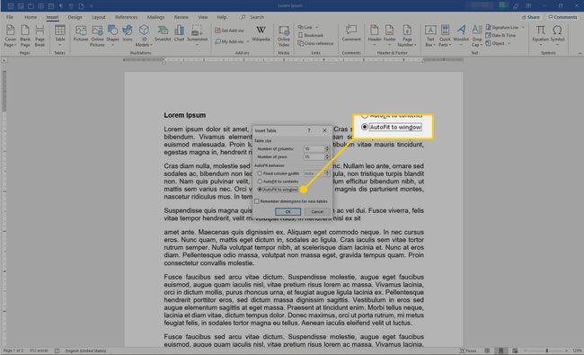 Lisää taulukko-ikkuna Microsoft Wordiin Automaattinen sovitus ikkunaan -vaihtoehto korostettuna