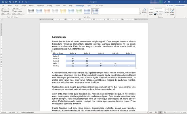 MS Word -asiakirja, johon on lisätty uusi pikataulukko