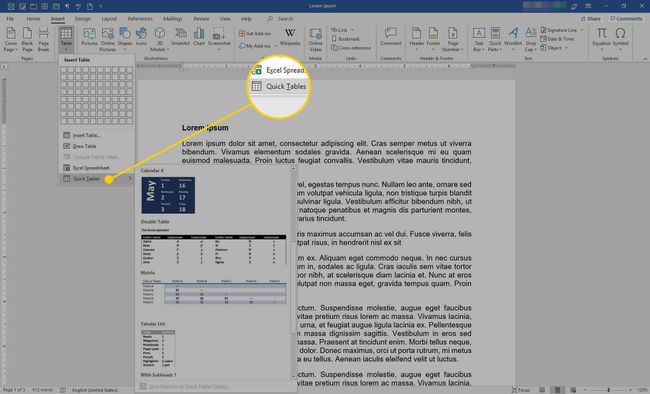 Microsoft Word, jossa Quick Tables -vaihtoehto korostettuna