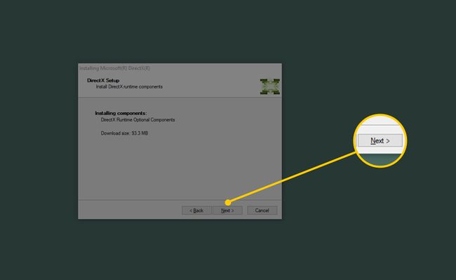 Näyttökaappaus DirectX-asennusikkunasta Windows 10:ssä, painottaen Seuraava-painiketta