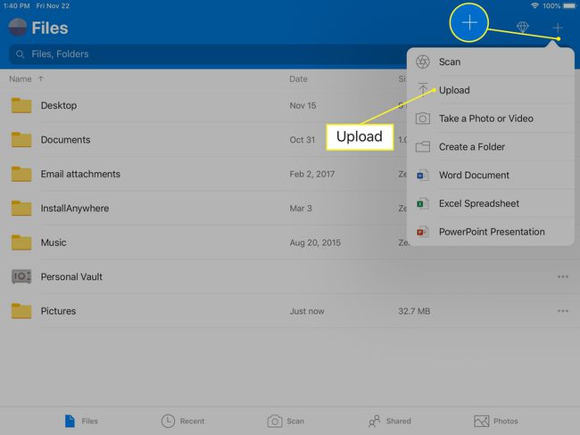 OneDrive iOS:lle, jossa lataus korostettuna