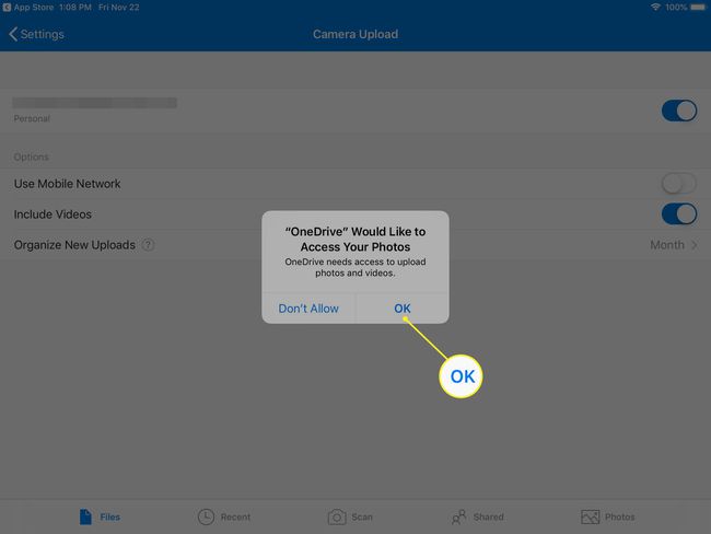 OneDrive for iOS pyytää lupaa käyttää kuvia, joissa on merkintä OK