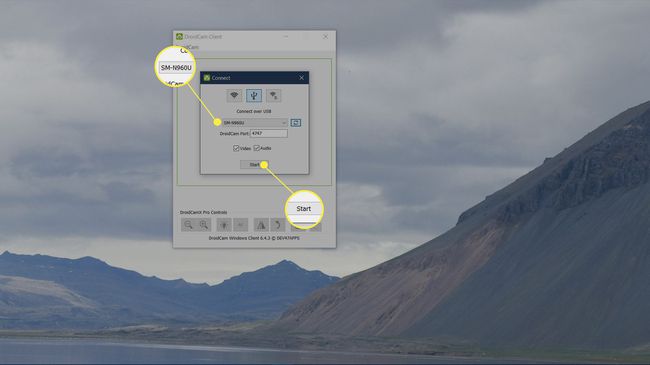 DroidCam Start -painike ja laite korostettuna
