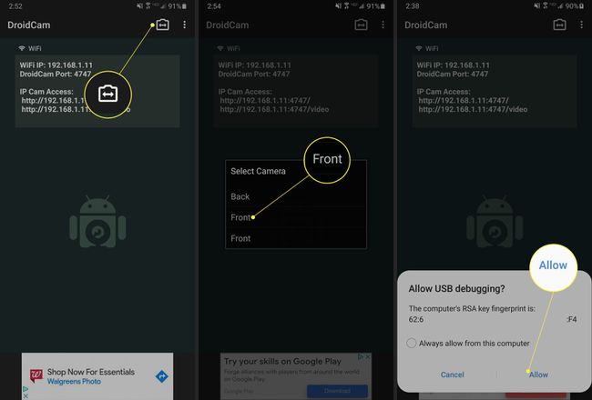 DroidCam-mobiilisovellus mahdollistaa USB-virheenkorjauksen kamerakuvakkeella, edessä ja salli