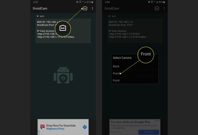 DroidCamin kanssa käytettävän kameran valinta kamerakuvakkeen ja etuosan korostettuna