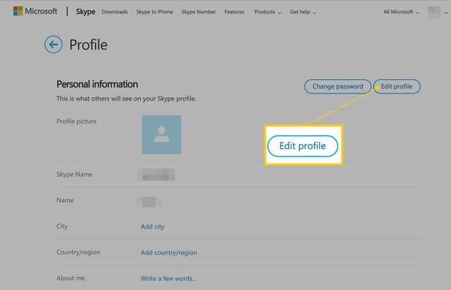 Muokkaa profiilia -painike Skypen verkkosivulla