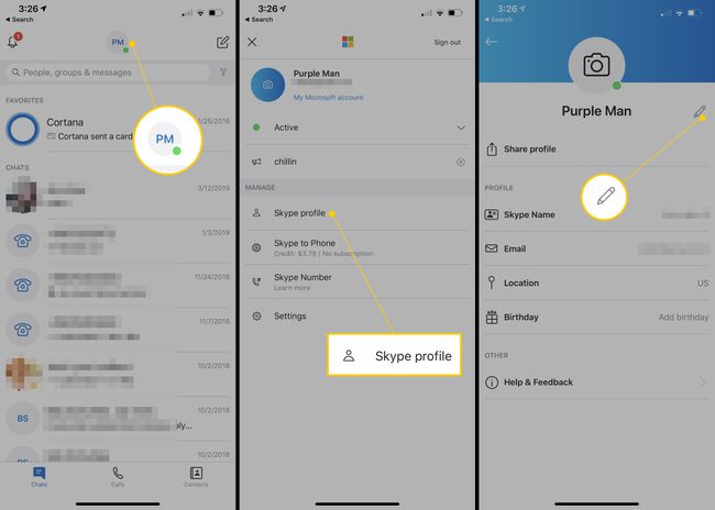 Proviilikuvake, Skype-profiili ja muokkauspainike Skype mobiililaitteille -sovelluksessa