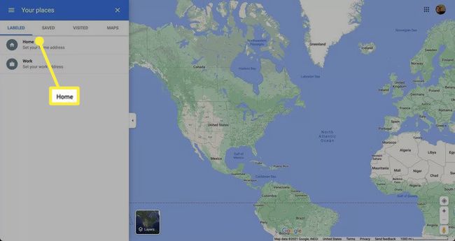 Kotisivu kohdasta Omat paikat Google Mapsissa